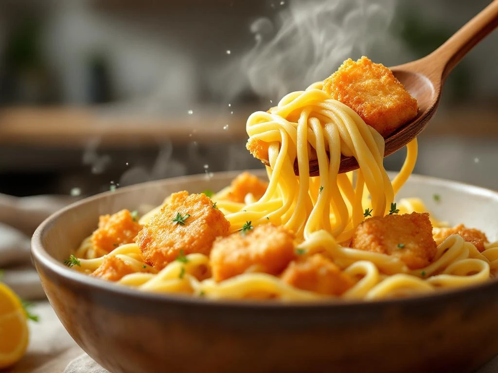 Gouden krokante kibbeling met pasta in keramische kom, stoom stijgt op, verse kruiden als garnering