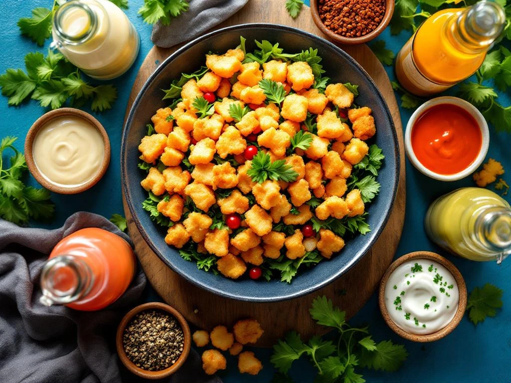 Kibbeling salade bowl met knapperige vis op verse sla, omringd door verschillende sauzen en dressings van bovenaf gefotografeerd