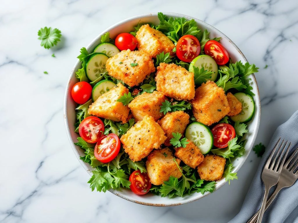 Verse saladekom met krokante kibbeling, gemengde sla, cherrytomaatjes en komkommer op marmeren ondergrond