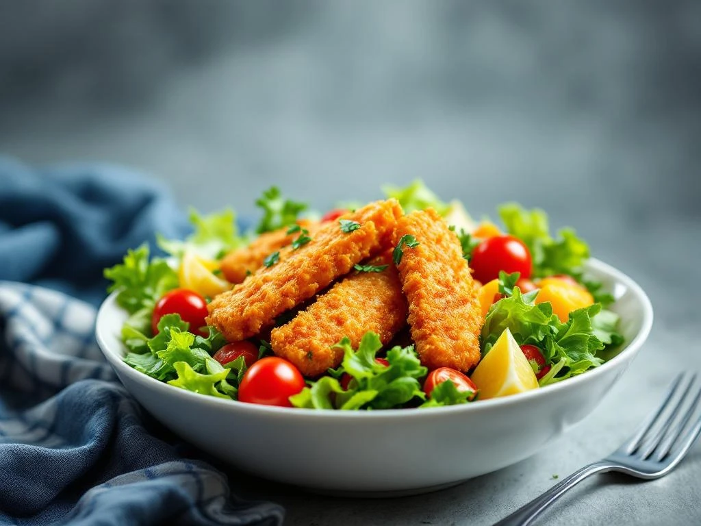 Knapperige kibbeling salade met verse groenten en kerstomaatjes in witte kom, bovenaanzicht