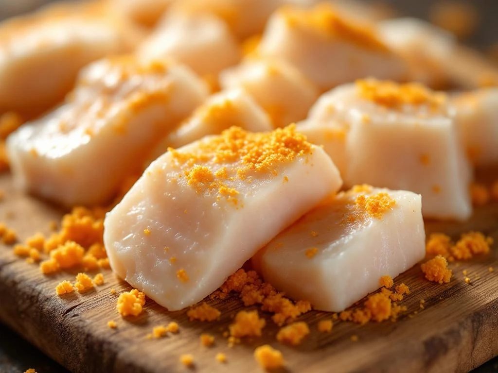 Verse witte vis in kibbeling stukjes gesneden op houten snijplank, sommige met goudkleurige paneermeel coating