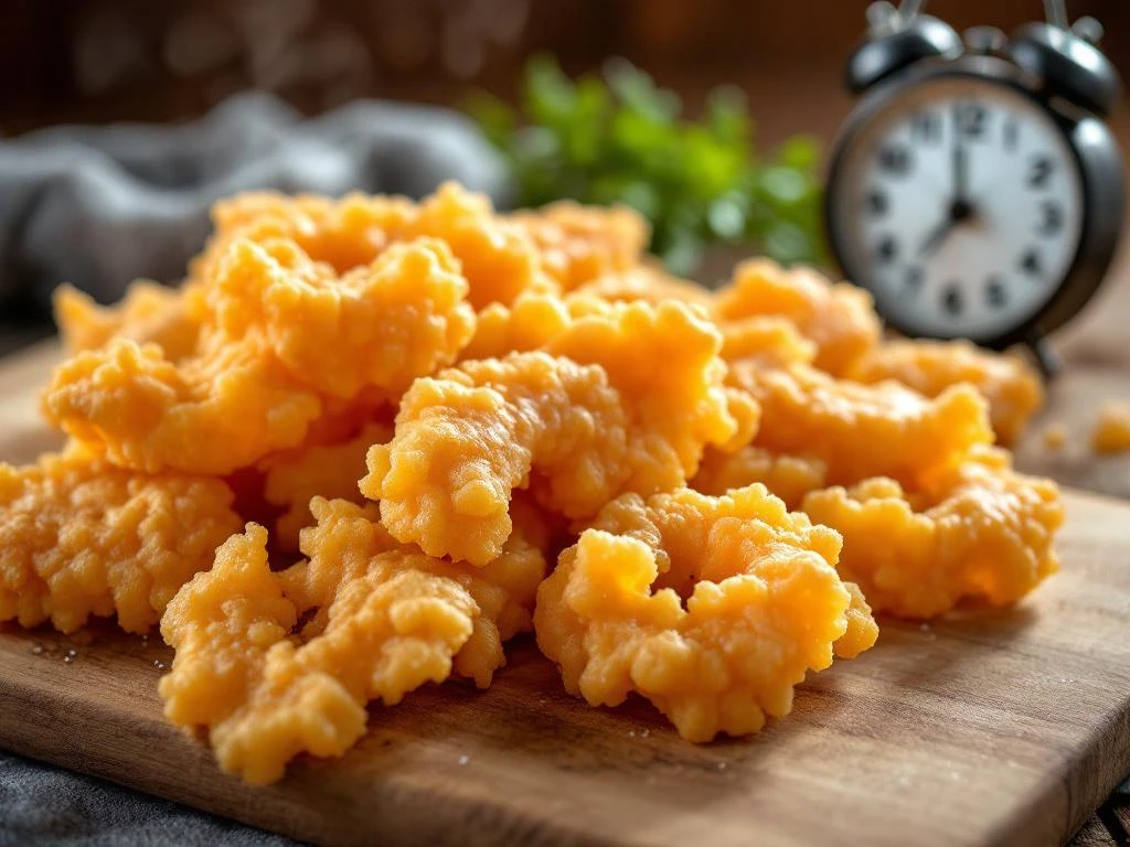 Verse goudbruine kibbeling stukjes op houten snijplank met stoom, keukenklok op achtergrond