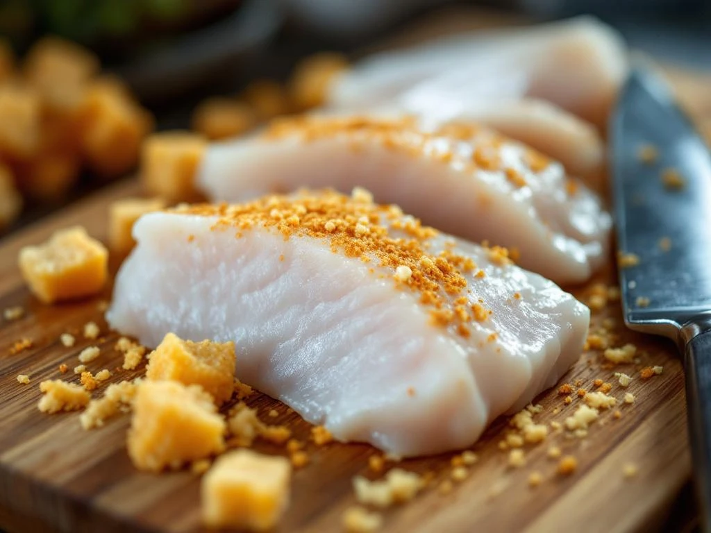 Verse witte visfilets worden gesneden tot kibbeling op houten snijplank met goudbruine stukjes en koksmes