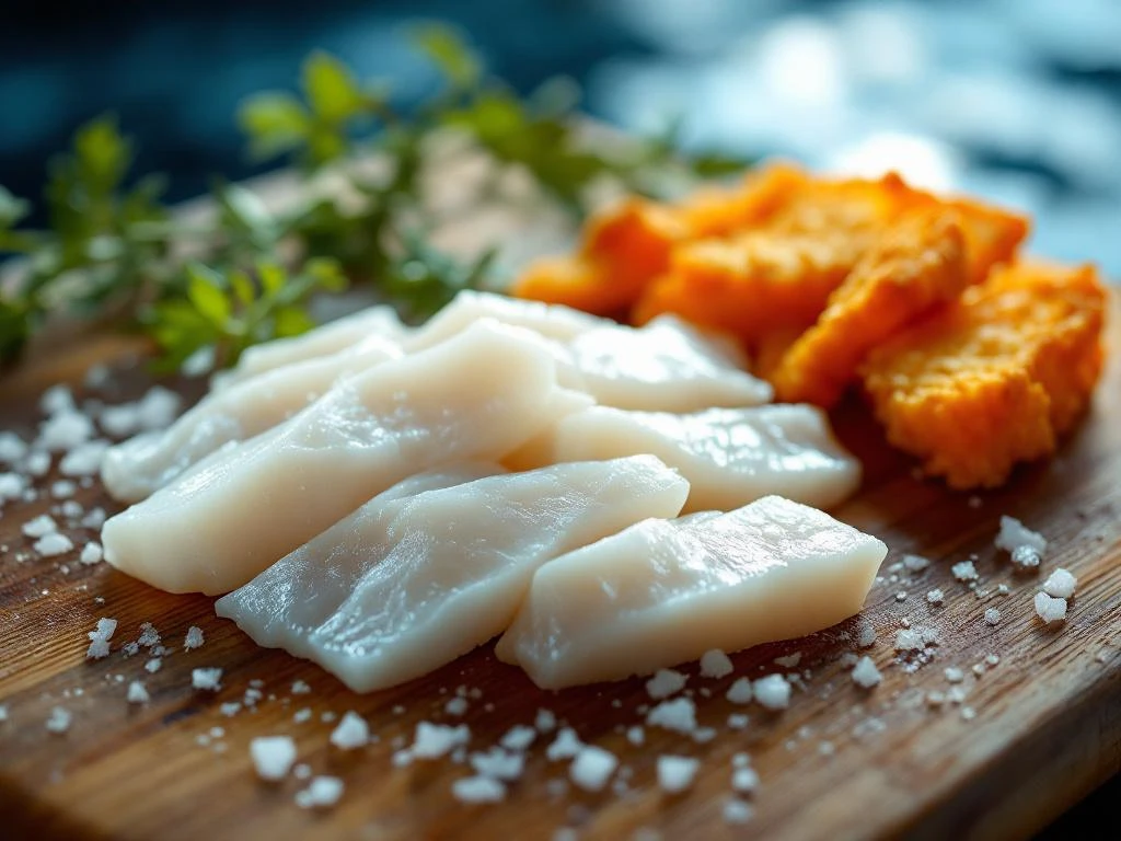 Verse witte visfilets worden gesneden tot kibbeling op houten snijplank naast goudbruine gebakken stukjes