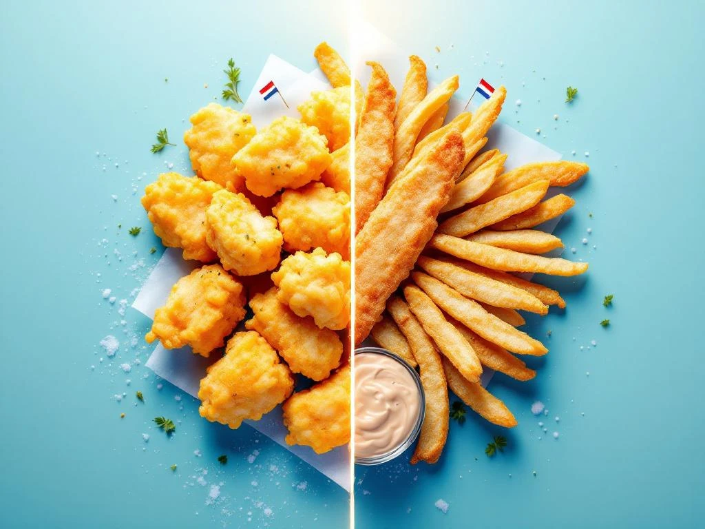 Traditionele Nederlandse kibbeling met gouden krokante korst tegenover internationale gebakken visrepen in split-screen weergave