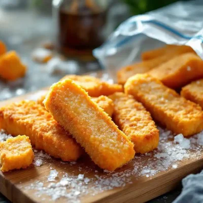 Goudbruine gepaneerde vissticks met ijskristallen op houten snijplank naast vriezerzak in keuken