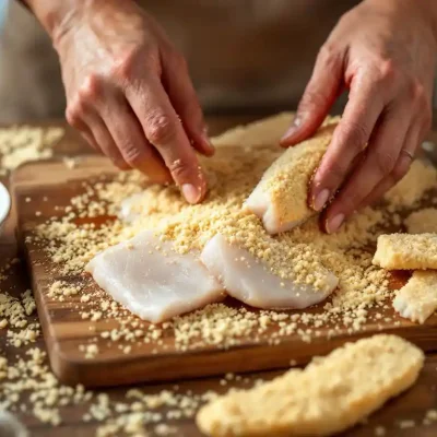 Handen die verse witte visfilets bedekken met gouden paneermeel op houten snijplank, eieren en kruimels zichtbaar