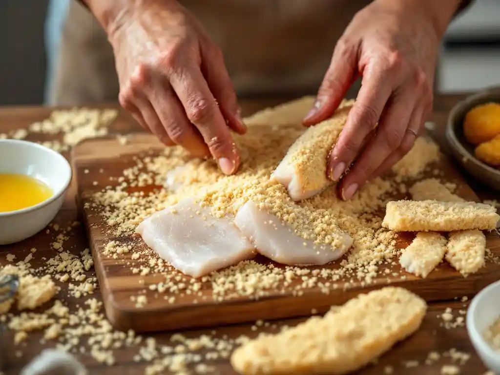 Handen die verse witte visfilets bedekken met gouden paneermeel op houten snijplank, eieren en kruimels zichtbaar