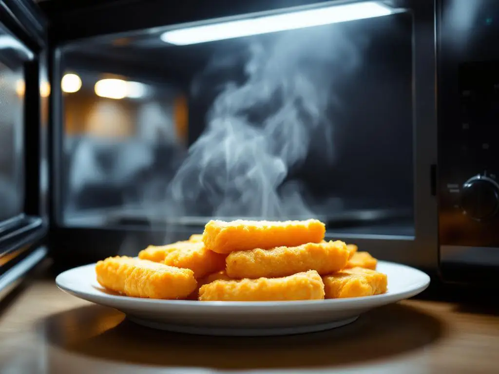 Goudbruine vissticks op bord in open magnetron met stoom, keukenverlichting op achtergrond