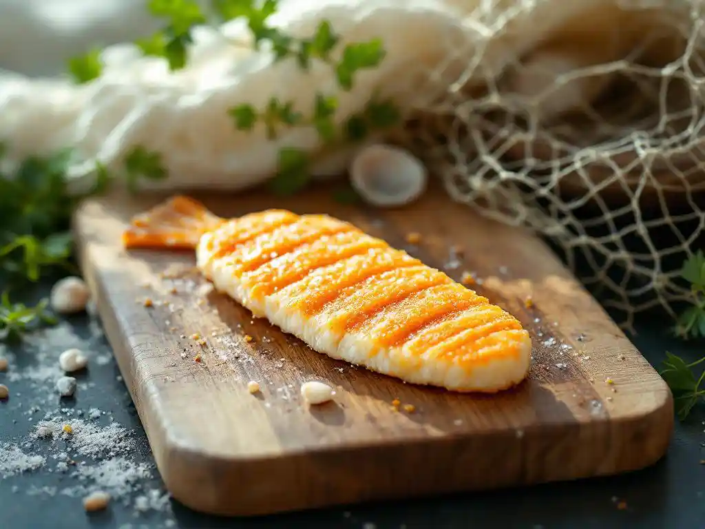 Goudbruine visstock op houten snijplank met zeewier, schelpen en visnet op de achtergrond