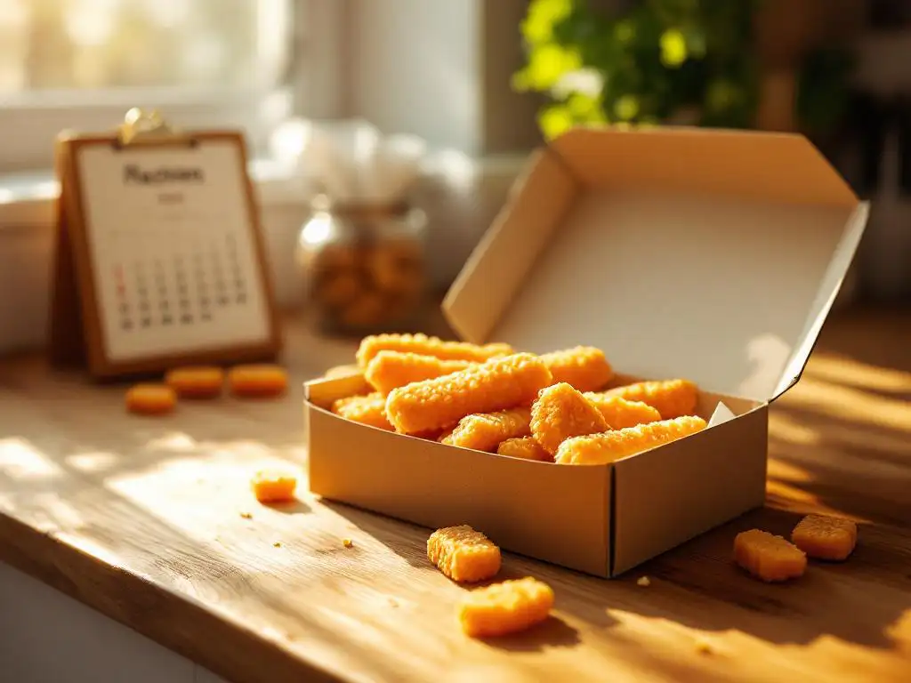 Goudbruine vissticks verspreid rond open verpakking op houten keukentafel in warm ochtendlicht