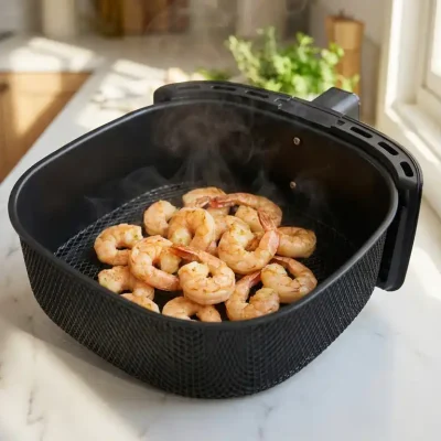 Goudroze garnalen in zwarte airfryer mand op marmeren aanrecht met stoom die oprijst