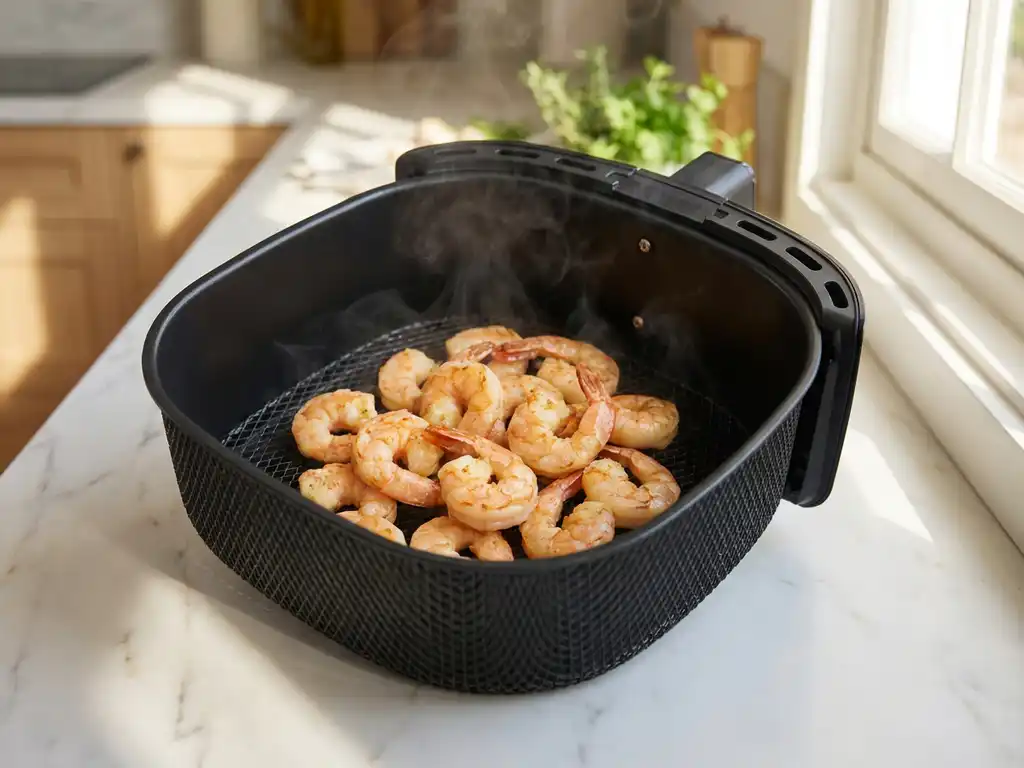 Goudroze garnalen in zwarte airfryer mand op marmeren aanrecht met stoom die oprijst