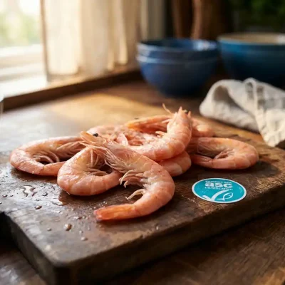 Verse roze garnalen op rustieke houten snijplank met ASC-keurmerk, zeewater druppels glinsterend op schalen