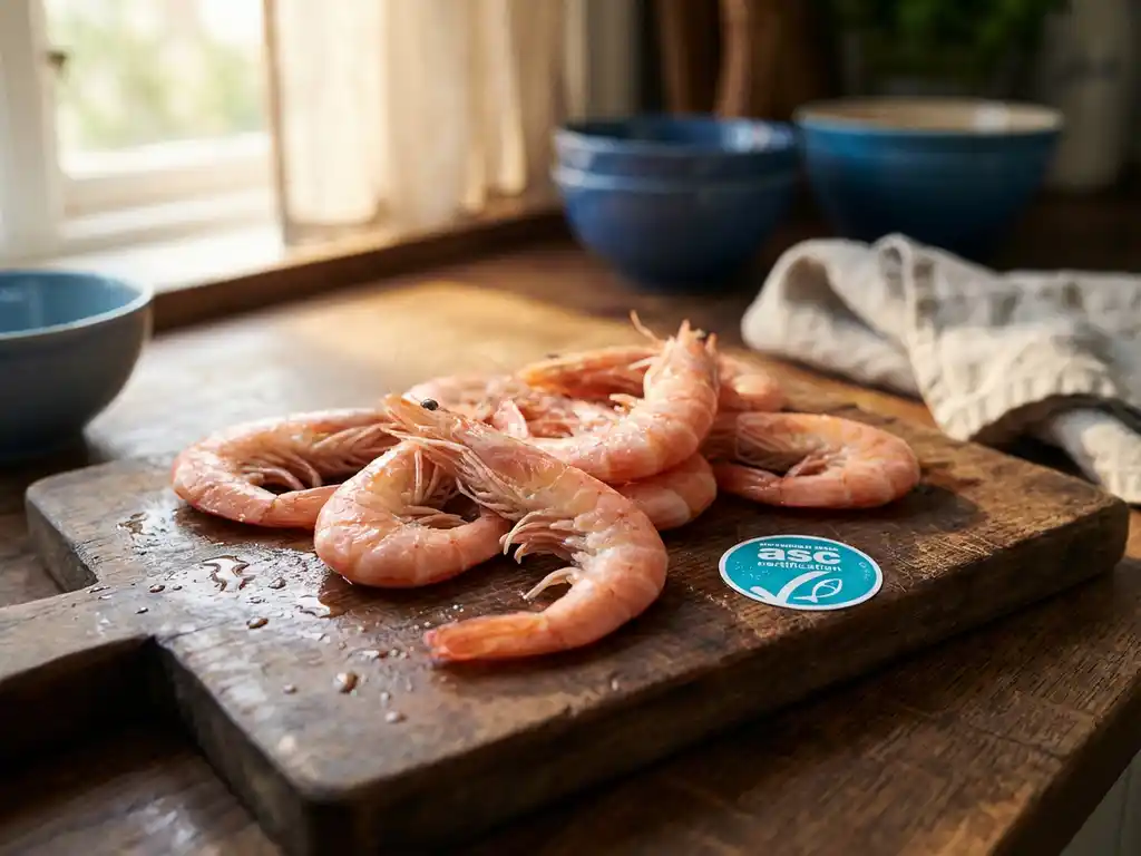 Verse roze garnalen op rustieke houten snijplank met ASC-keurmerk, zeewater druppels glinsterend op schalen