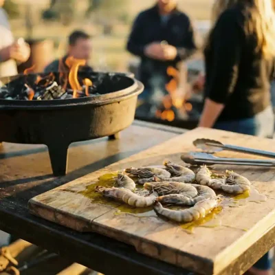 Verse garnalen op houten snijplank naast gloeiende houtskoolbarbecue met oranje vlammen en metalen tang