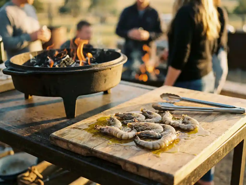 Verse garnalen op houten snijplank naast gloeiende houtskoolbarbecue met oranje vlammen en metalen tang