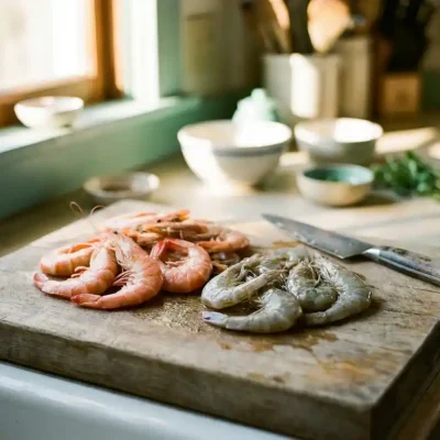Verse garnalen op houten snijplank met chef's mes, sommige met grijze verkleuring die bederf toont naast gezonde roze exemplaren
