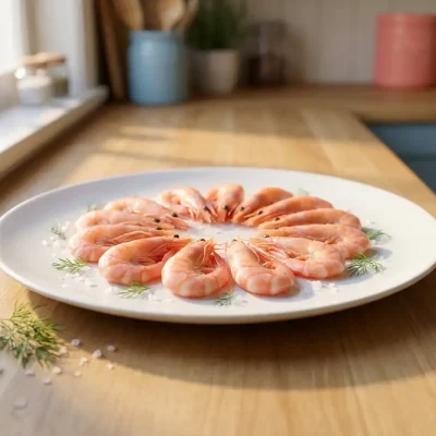 Verse roze garnalen in cirkel gerangschikt op witte keramische bord met zeezout en dille, warme keukenverlichting