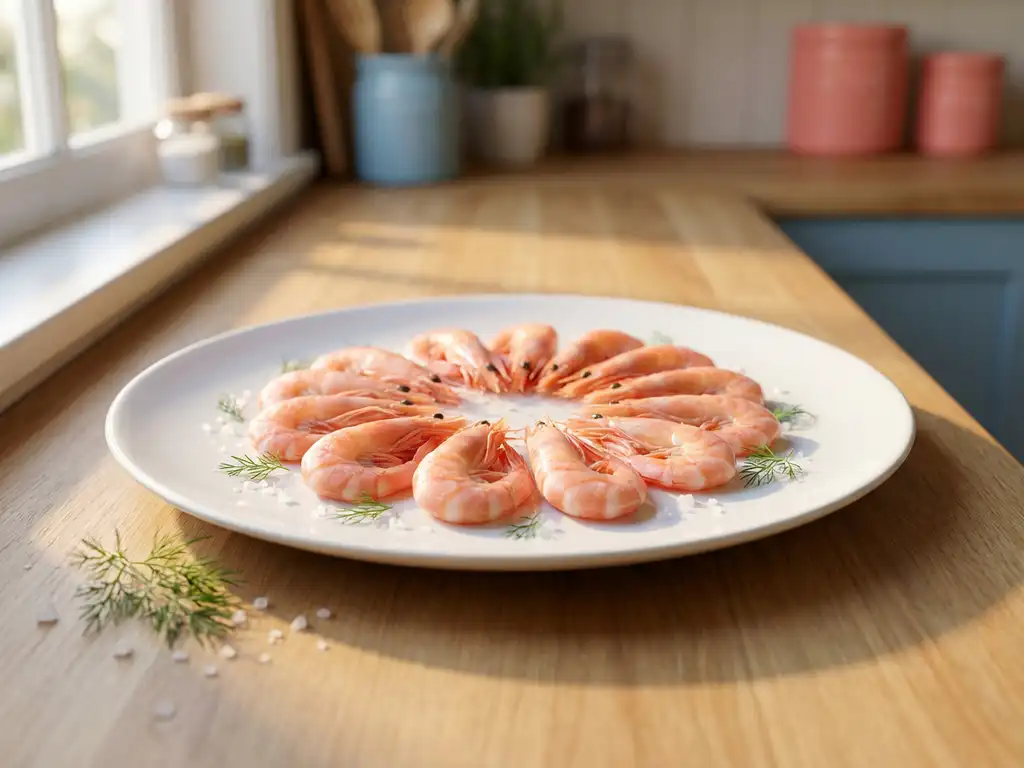 Verse roze garnalen in cirkel gerangschikt op witte keramische bord met zeezout en dille, warme keukenverlichting