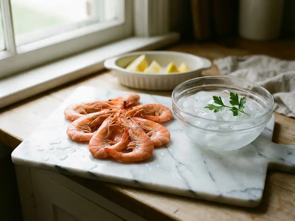 Verse roze gekookte garnalen op wit marmeren snijplank met ijsblokjes in glazen kom, natuurlijk keukenlicht
