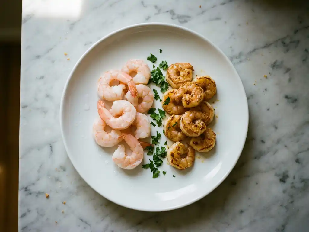 Witte keramische bord met koude roze garnalen en gouden gebakken garnalen, peterselie garnering, marmeren aanrecht