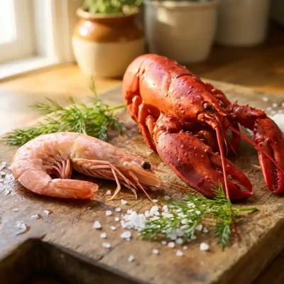 Verse roze garnaal en rode kreeft op rustieke houten snijplank met zeewater druppels, zeezout kristallen en dille takjes