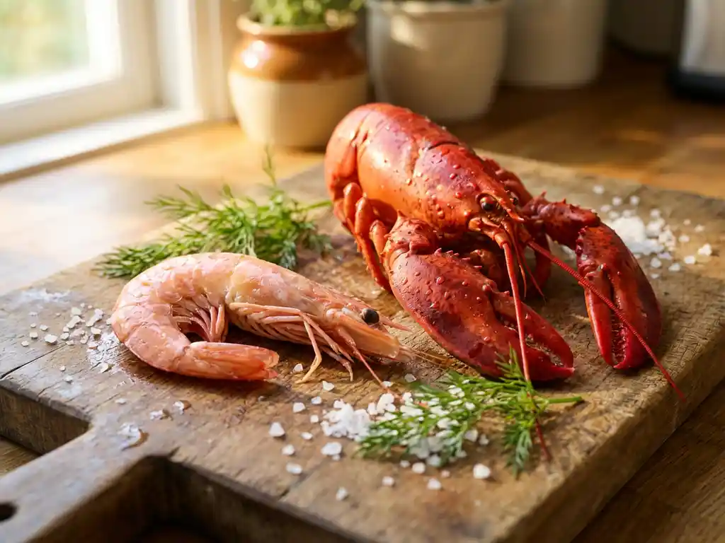 Verse roze garnaal en rode kreeft op rustieke houten snijplank met zeewater druppels, zeezout kristallen en dille takjes
