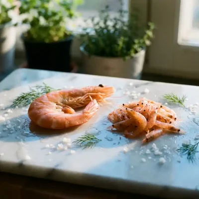 Verse roze garnaal en kleine oranje krill op witte marmeren snijplank met zeezoukristallen en dille