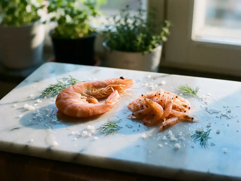 Verse roze garnaal en kleine oranje krill op witte marmeren snijplank met zeezoukristallen en dille
