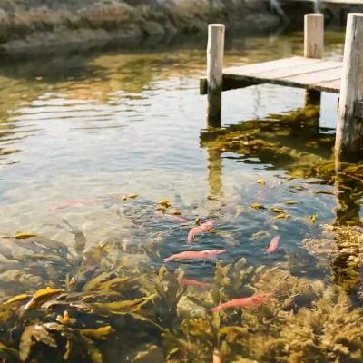 Roze garnalen zwemmen in helder water boven zeewier in aquacultuurvijver met houten voederplatforms