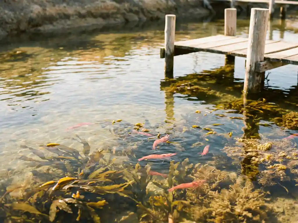 Roze garnalen zwemmen in helder water boven zeewier in aquacultuurvijver met houten voederplatforms