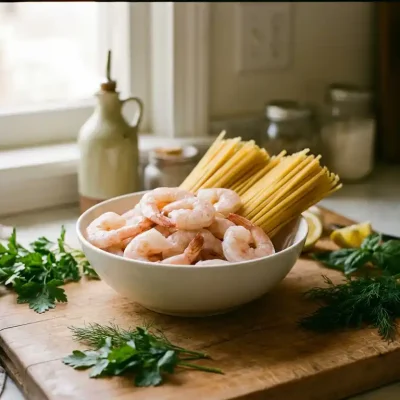 Witte keramische kom met roze garnalen en gouden linguine pasta op rustieke houten snijplank met verse kruiden