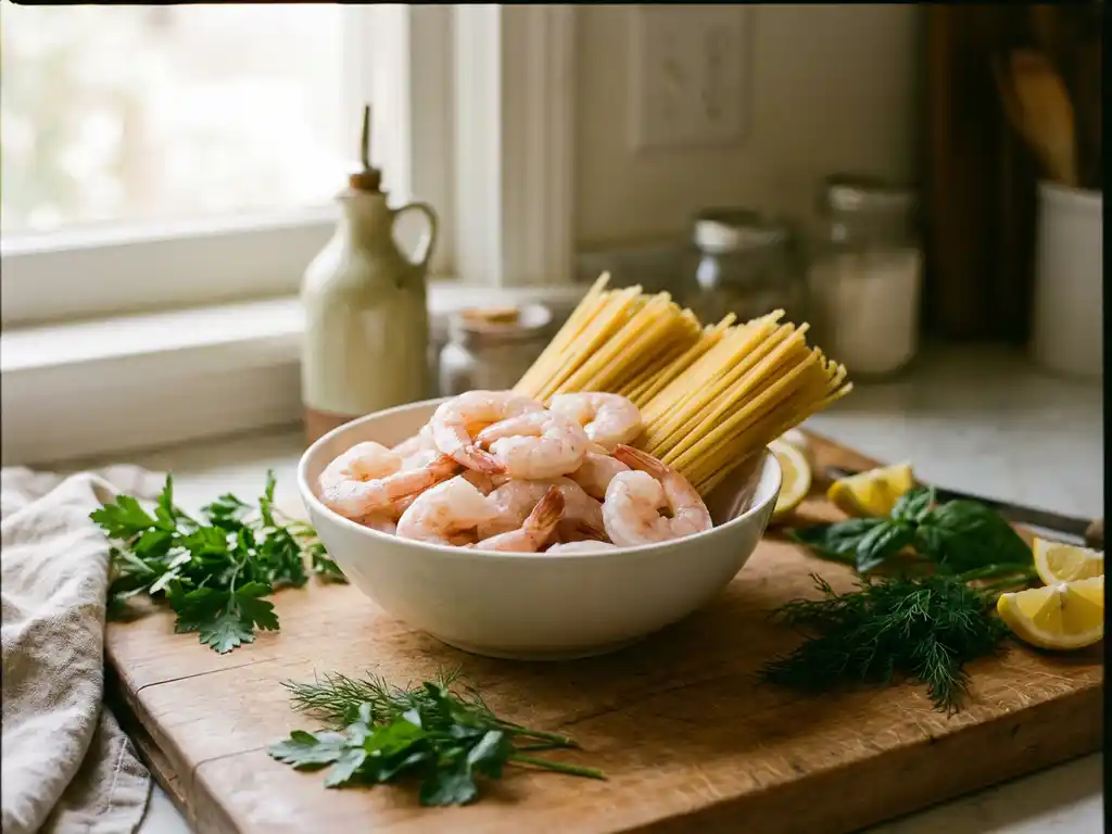 Witte keramische kom met roze garnalen en gouden linguine pasta op rustieke houten snijplank met verse kruiden