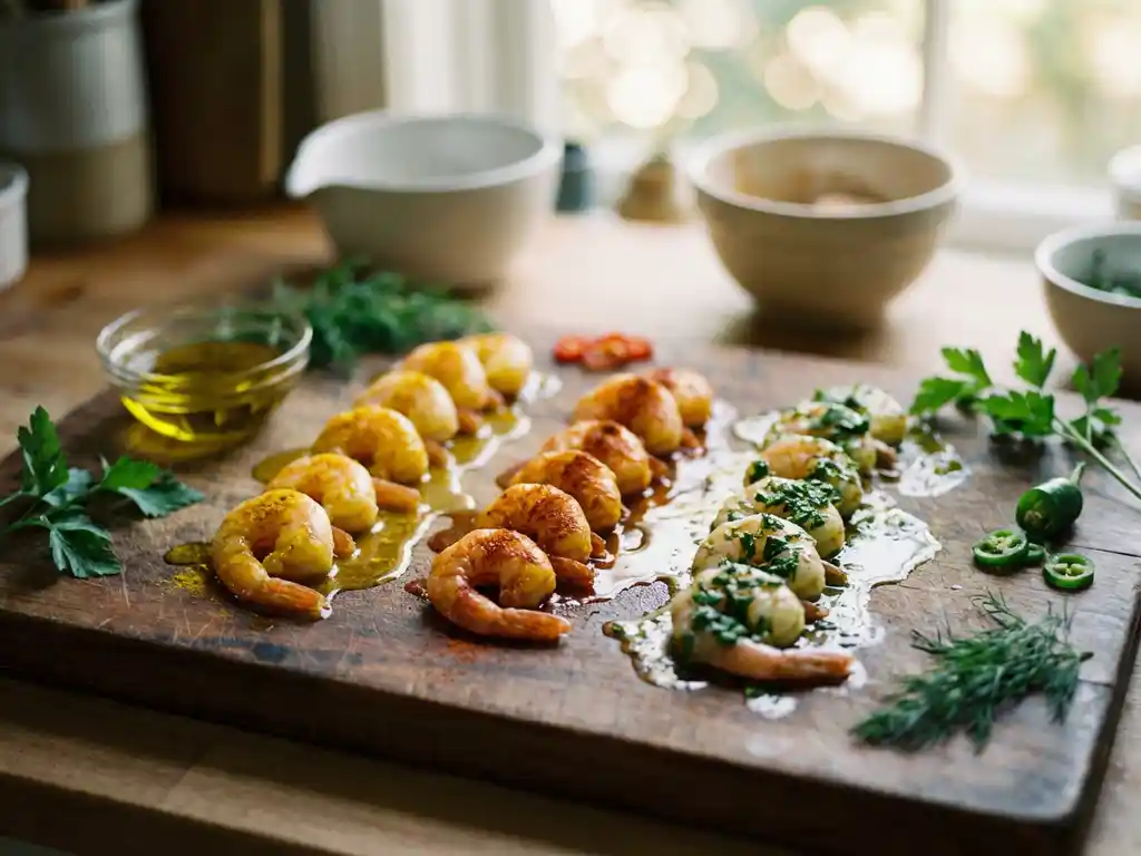 Verse roze garnalen in rijen op houten snijplank met gekleurde marinades van kurkuma, paprika en kruiden