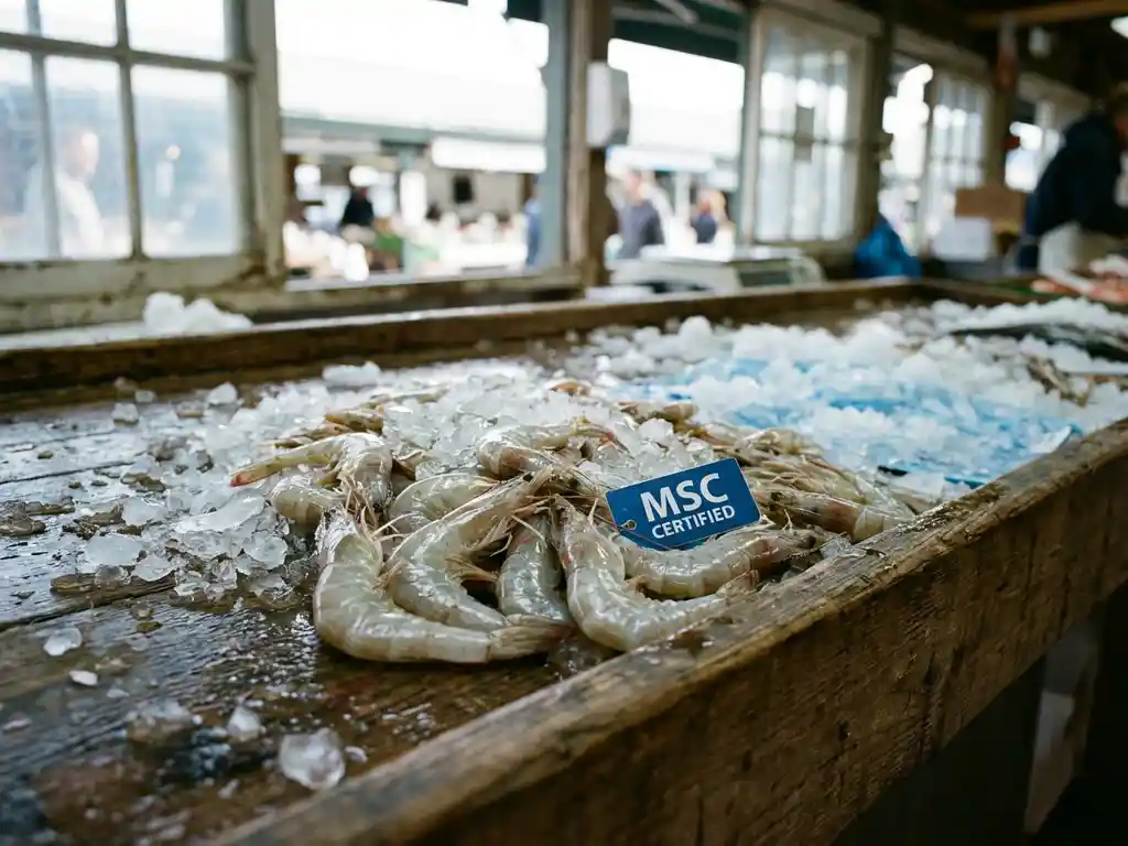 Verse garnalen op ijs met MSC-certificeringslabel op rustieke houten vismarkt toonbank