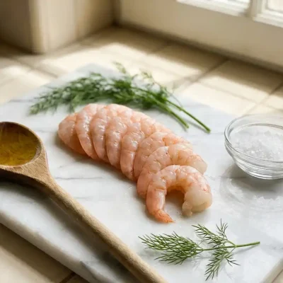 Verse roze garnalen op wit marmeren snijplank met olijfolie, zeezout en dille voor gezonde zeevruchten bereiding