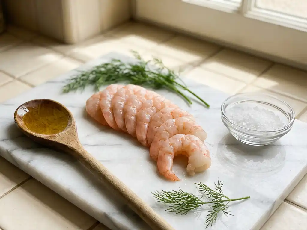 Verse roze garnalen op wit marmeren snijplank met olijfolie, zeezout en dille voor gezonde zeevruchten bereiding