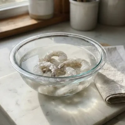 Bevroren garnalen ontdooien in glazen kom met water op marmeren snijplank, keukenhanddoek ernaast