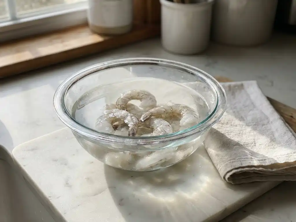 Bevroren garnalen ontdooien in glazen kom met water op marmeren snijplank, keukenhanddoek ernaast