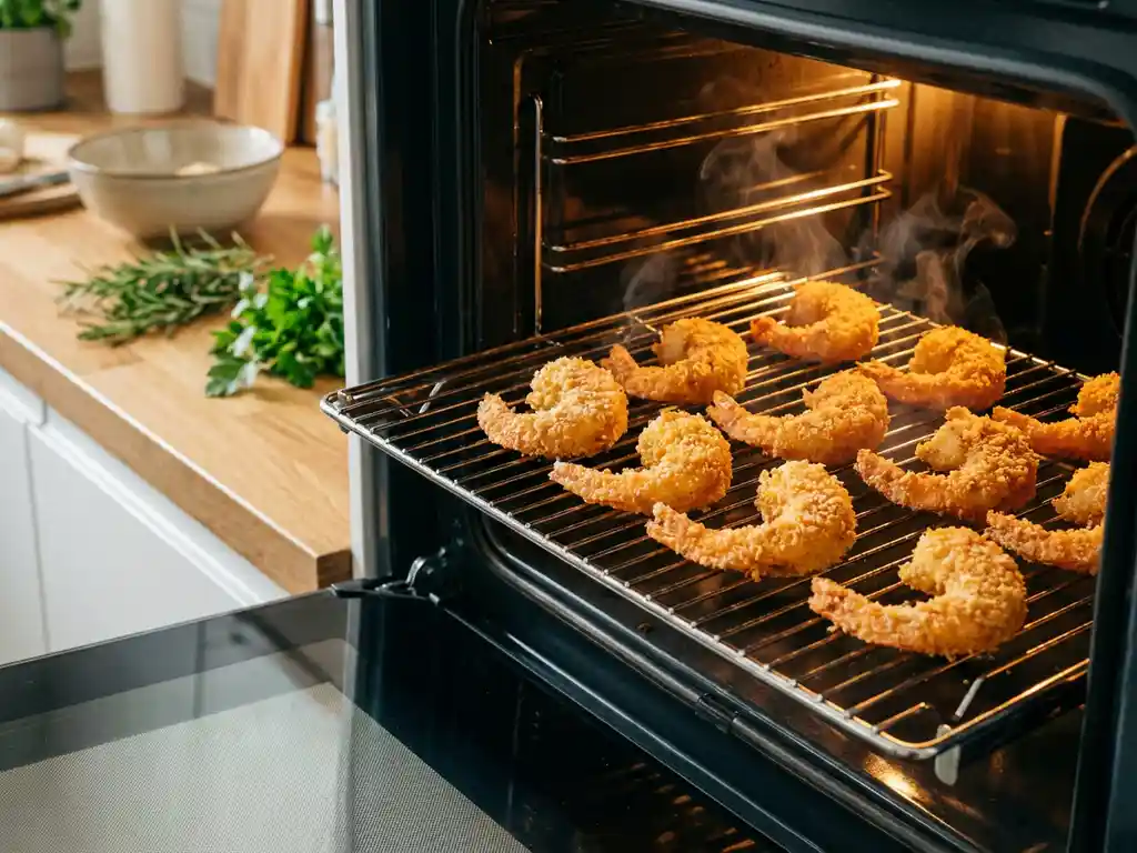 Goudbruine garnalen op rooster in oven met stoom die oprijst uit knapperige coating, verse kruiden op aanrecht