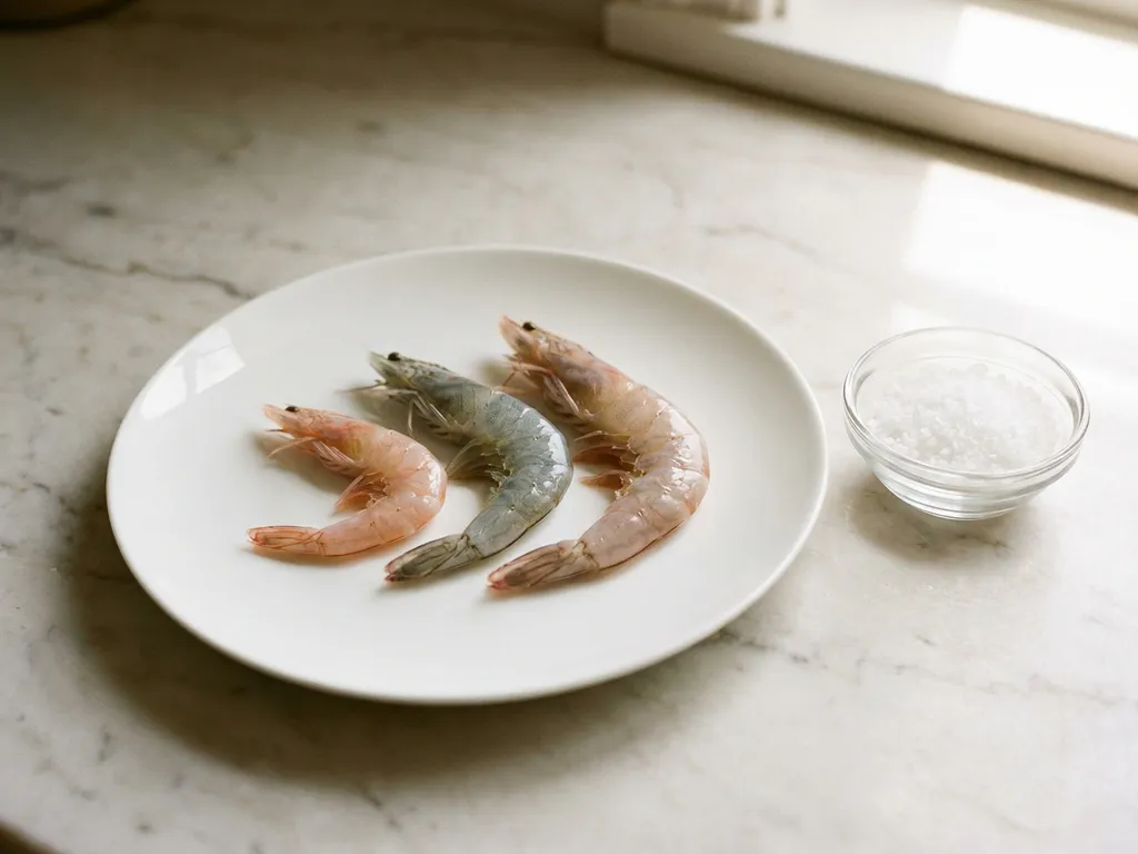 Drie soorten verse rauwe garnalen op wit porseleinen bord naast zeezout op marmeren aanrecht