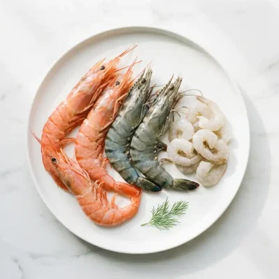 Drie verschillende soorten verse garnalen gerangschikt op wit keramisch bord met dille garnering op marmeren aanrecht