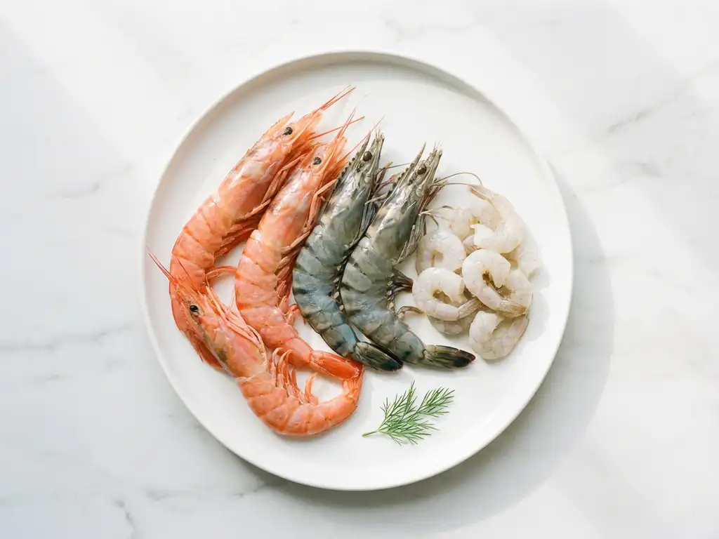 Drie verschillende soorten verse garnalen gerangschikt op wit keramisch bord met dille garnering op marmeren aanrecht
