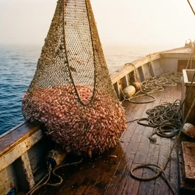 Vissersboot trekt net vol verse roze garnalen uit diepe oceaan, houten dek met touwen en maritieme uitrusting