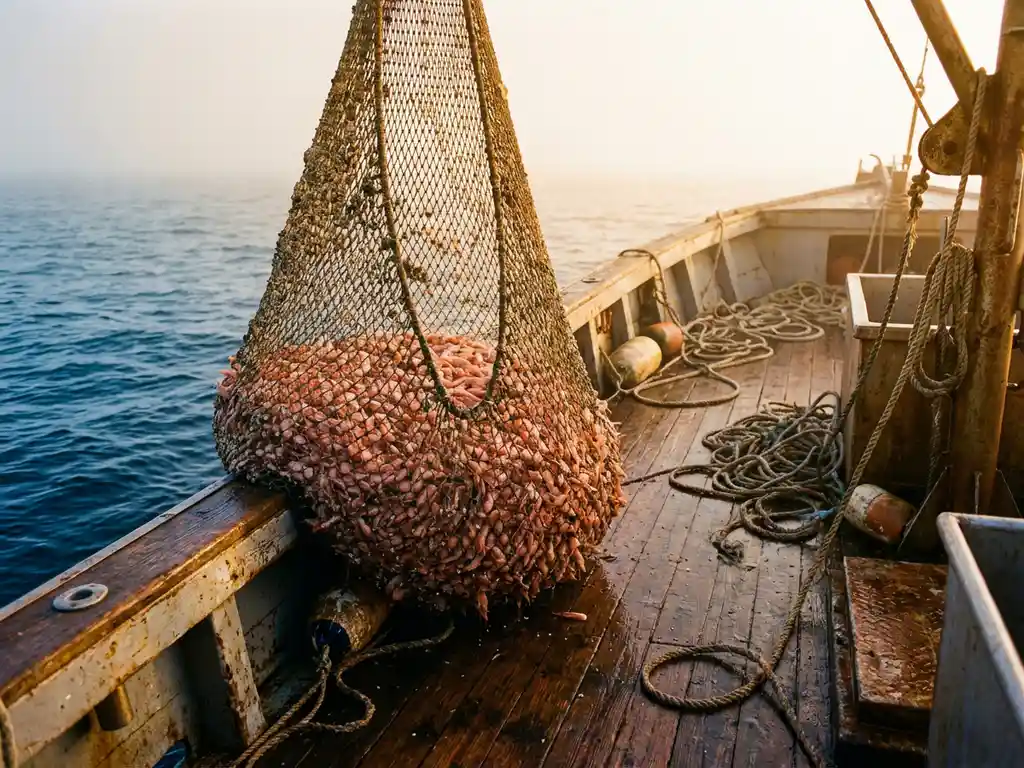 Vissersboot trekt net vol verse roze garnalen uit diepe oceaan, houten dek met touwen en maritieme uitrusting