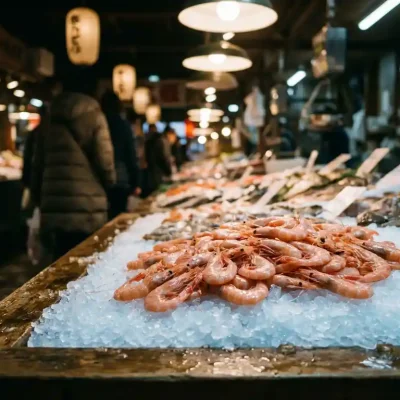 Verse roze garnalen op crushed ijs in traditionele vismarkt vitrine, glanzend onder zachte verlichting