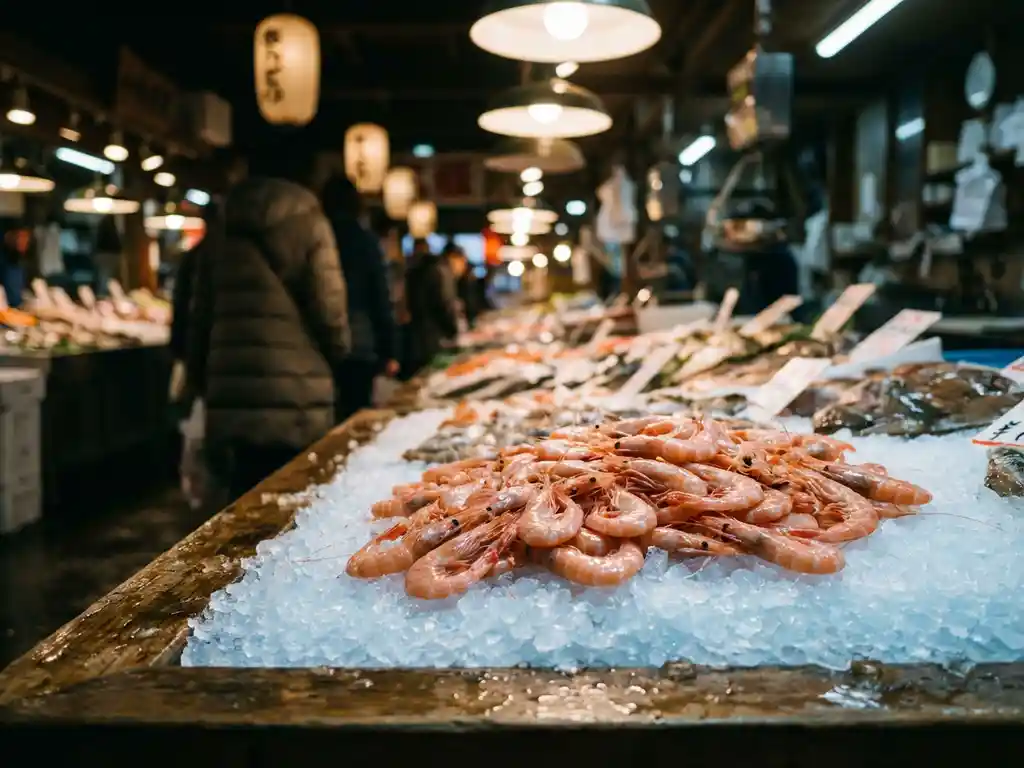 Verse roze garnalen op crushed ijs in traditionele vismarkt vitrine, glanzend onder zachte verlichting