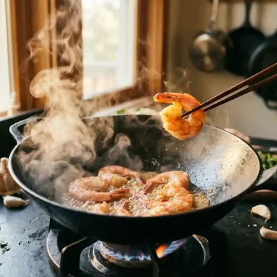 Verse jumbo garnalen sissen in zwarte wok met stoom, houten eetstokjes tillen roze garnalen uit borrelende olie op