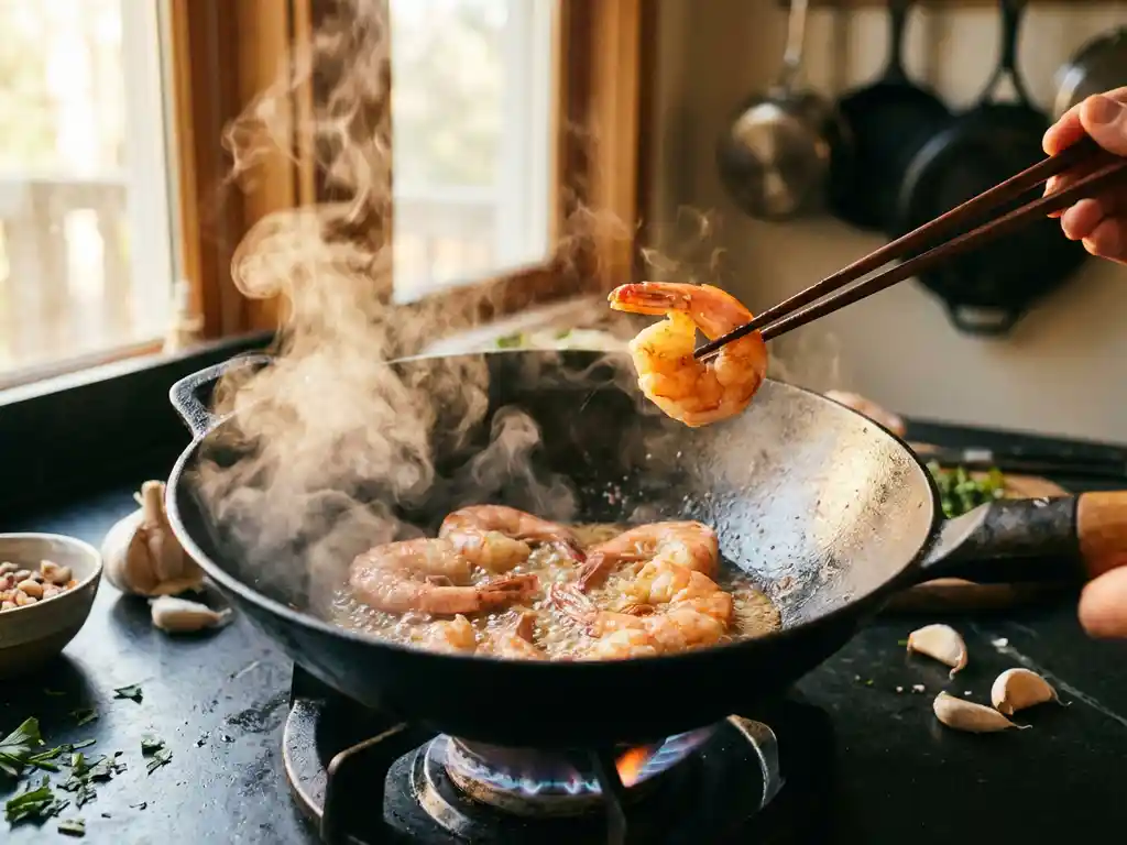 Verse jumbo garnalen sissen in zwarte wok met stoom, houten eetstokjes tillen roze garnalen uit borrelende olie op